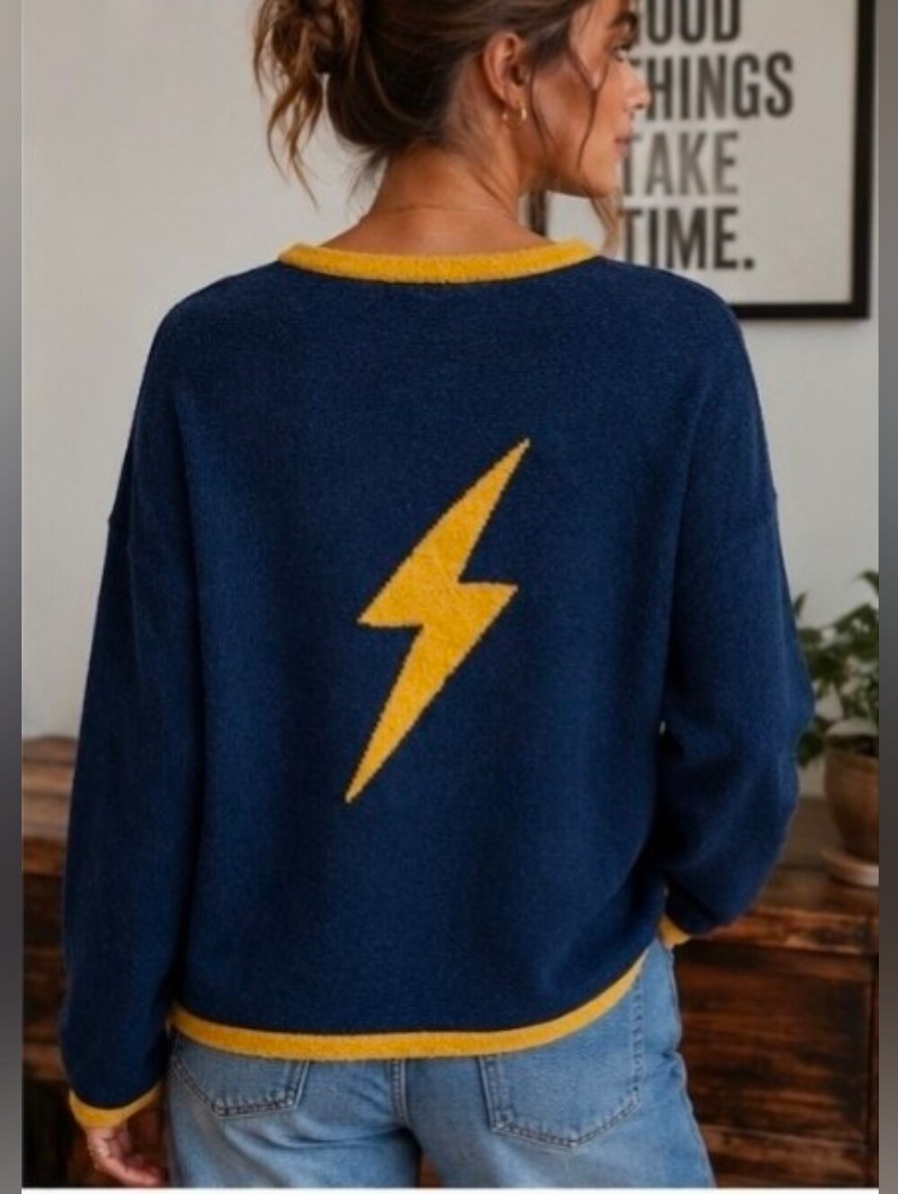 Just Madison Lightning Bolt Navy Blue and Mustard Trim Sweater S/M